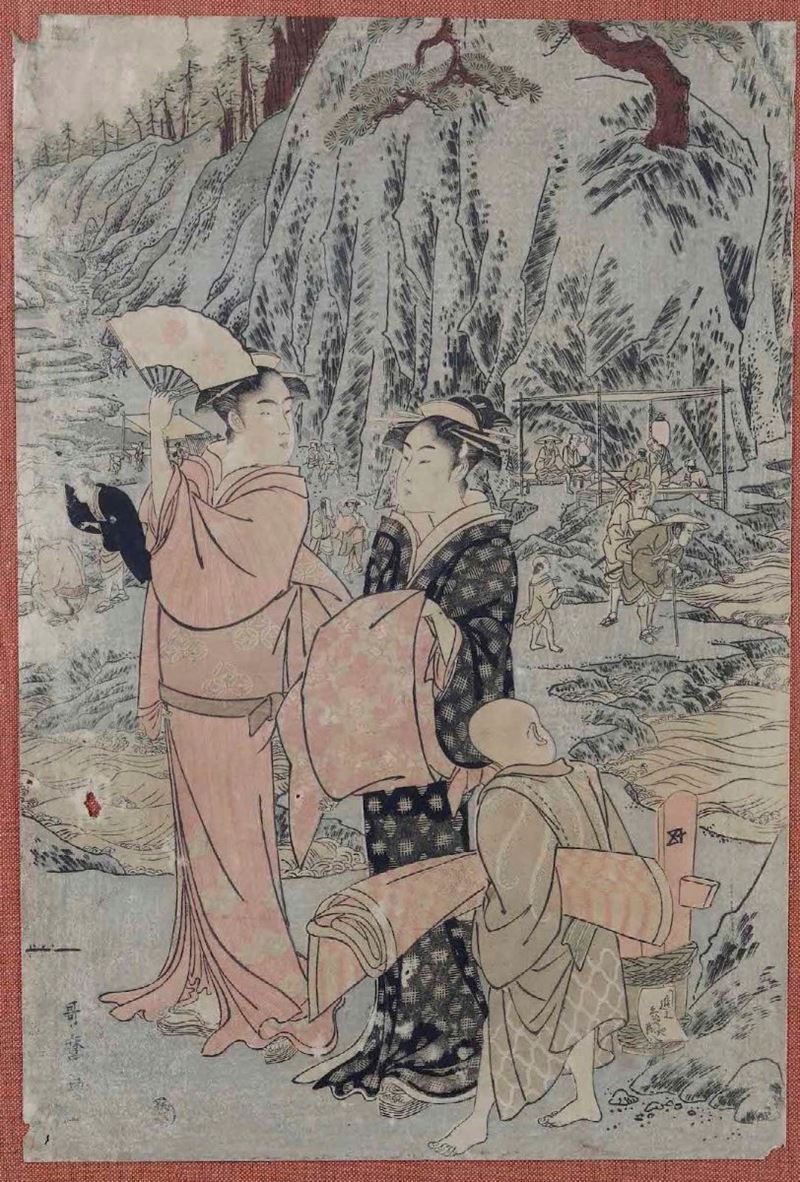 Kitagawa Utamaro (1753-1806) Dama, ancella e bambino a Enoshima  - xilografia policroma - Auction Asian Art - Cambi Casa d'Aste