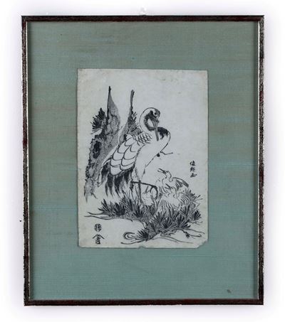 Giappone, Cicogna con i suoi piccoli, xilografia su carta, 1842