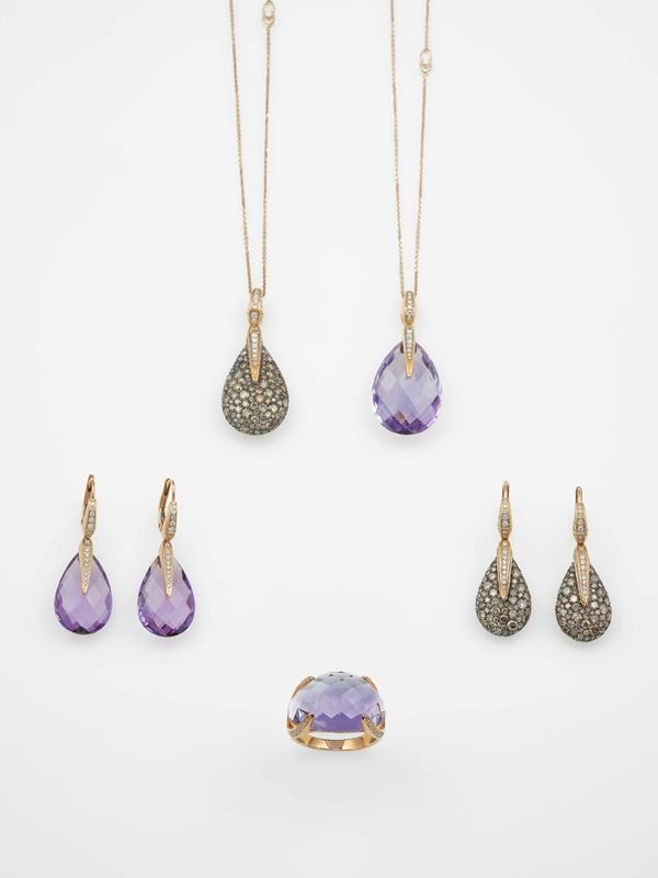 Group of three pairs of earrings, three pendents and a ring