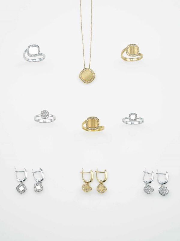 Froup of three pairs of earrings, five rings and one pendent necklace