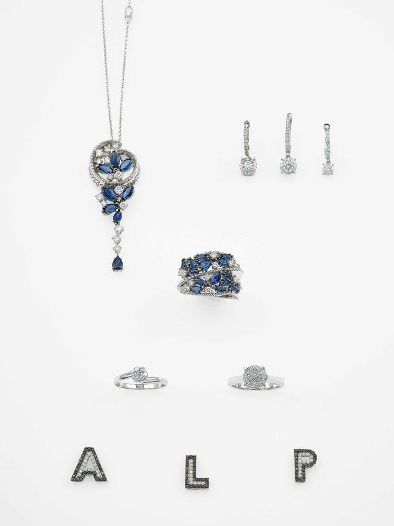 Group of one demi-parure, two rings, three pendent necklace and three earrings  - Auction Contemporary Jewels - Cambi Casa d'Aste