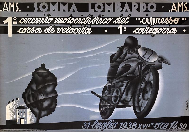 Ivanhoe Gambini : 1° Circuito Motociclistico del “Cipresso” - Somma Lombardo  - Auction Vintage Posters - Cambi Casa d'Aste