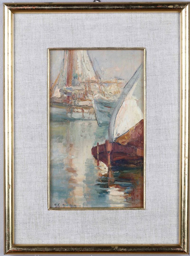 Mario Berrino : Marina con barche, 1913  - olio su cartone - Asta Opere del XIX e XX secolo - Cambi Casa d'Aste
