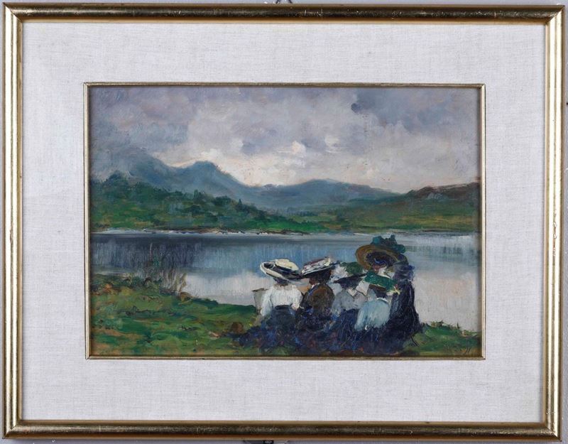 Paolo Berrino : Paesaggio lacustre con figure  - olio su tavola - Auction 19th and 20th Century Paintings | Cambi Time - Cambi Casa d'Aste