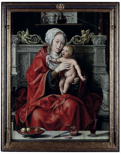 Scuola di Anversa, XVI Secolo Madonna in Trono con Bambino in un Interno