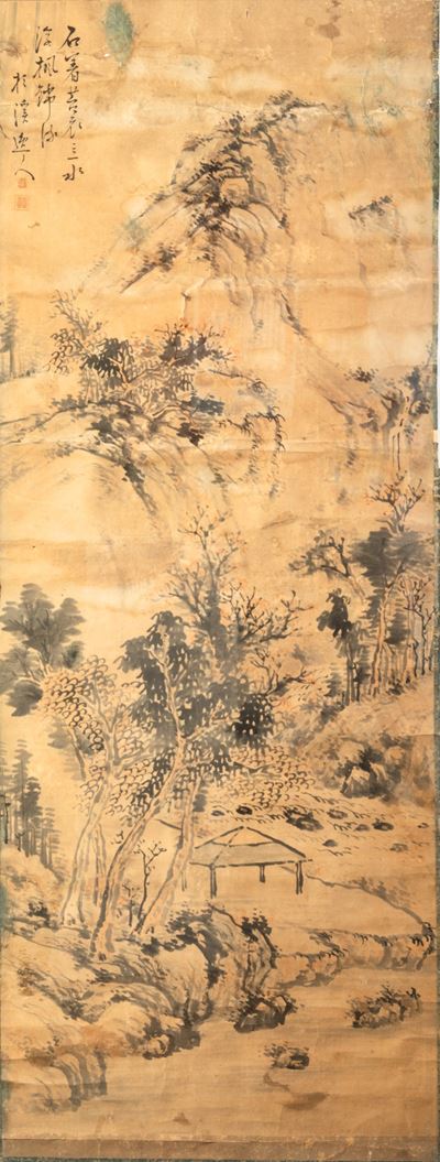 Dipinto su Seta Raffigurante Paesaggio Montano con Pagoda e Iscrizione, Cina, Dinastia Qing, XIX ...