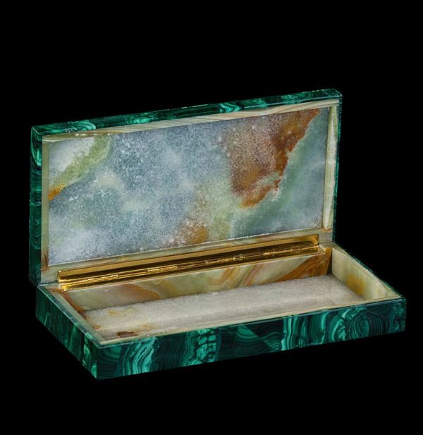 Mosaic-tiled malachite chest with marble interiors, 21st century