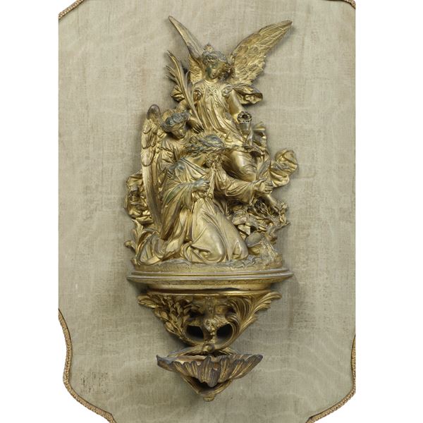 L&#233;onard Morel-Ladeuil - Acquasantiera in bronzo dorato raffigurante Gesù tra gli angeli