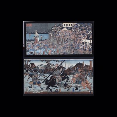 Giappone, xilografie su carta con scene di battaglia e cavalieri, periodo Meiji (1868-1912)