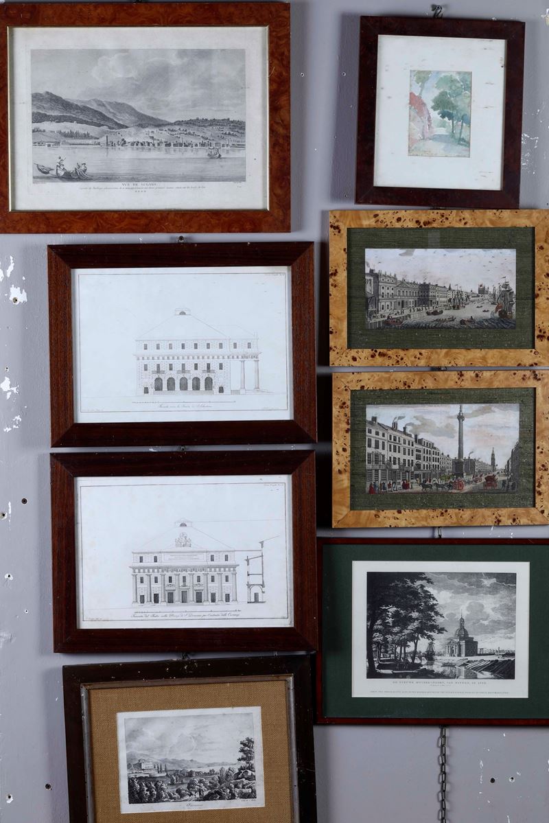 Composizione di diverse incisioni e un piccolo acquerello, epoche e soggetti differenti  - Asta Stampe Antiche e Moderne - Cambi Casa d'Aste