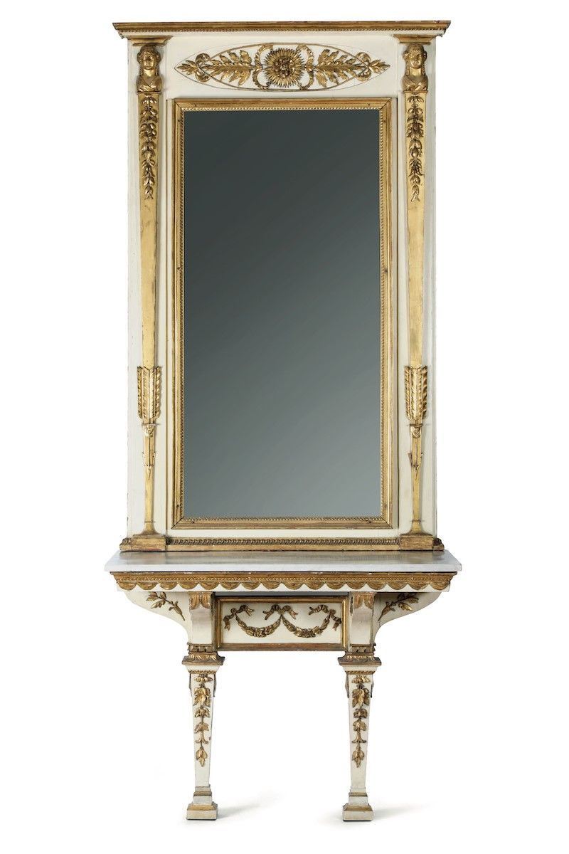 Consolle specchiera neoclassica. legno intagliato laccato e dorato. piano in marmo bianco  - Asta Antiquariato Gennaio | Cambi Time - Cambi Casa d'Aste