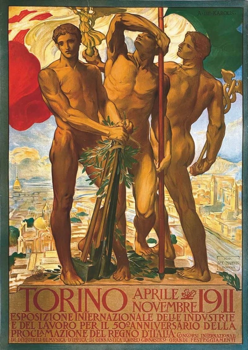 Adolfo De Karolis : Esposizione Internazionale delle Industrie e del Lavoro per il 50° anniversario della proclamazione del Regno d’Italia - Torino 1911  - Auction Vintage Posters - Cambi Casa d'Aste