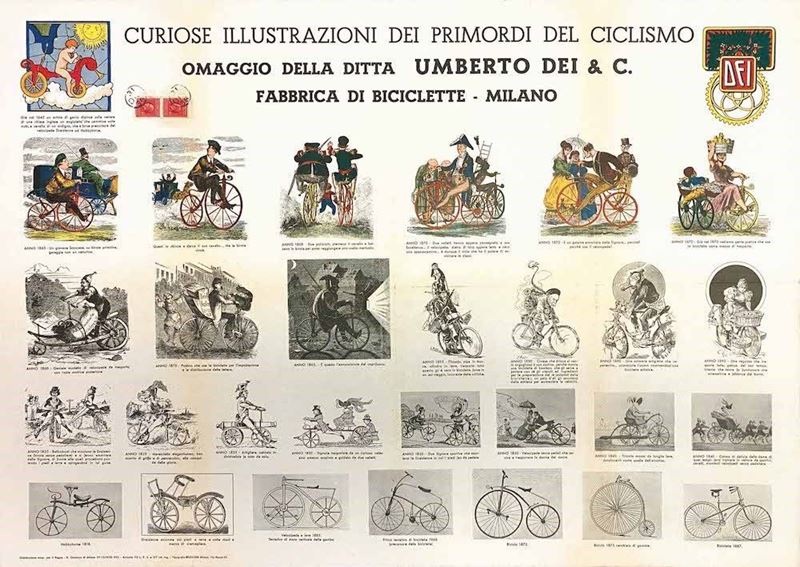 Artista non identificato : Primordi del Ciclismo - Omaggio della Ditta Umberto Dei & C.  - Asta Manifesti d'Epoca | Cambi Time - Cambi Casa d'Aste
