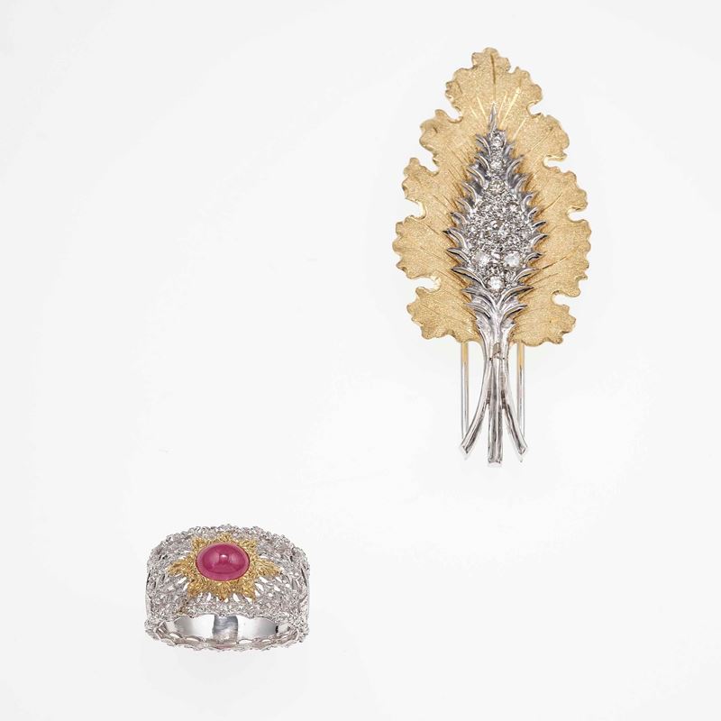 Diamond and gold brooch and ruby and gold ring  - Auction Jewels - Cambi Casa d'Aste