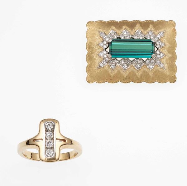 Diamond ring and indicolite brooch