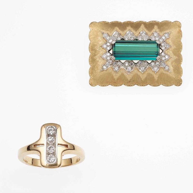 Lotto composto da anello con diamanti e spilla con tormalina indicolite e diamanti  - Asta Fine Jewels - Cambi Casa d'Aste