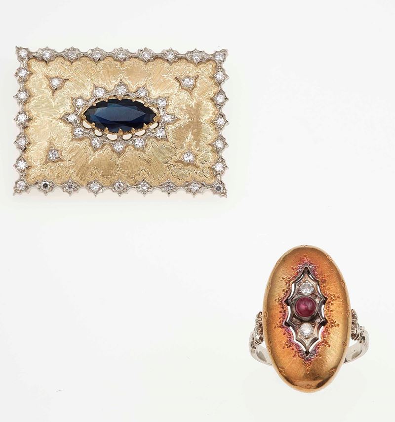 Gem-set and gold ring and brooch  - Auction Jewels - Cambi Casa d'Aste