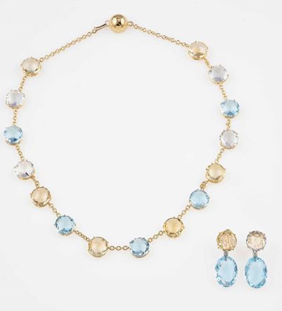 Demi-parure Composta da Girocollo ed Orecchini con Acquamarine, Quarzi Citrini e Diamanti