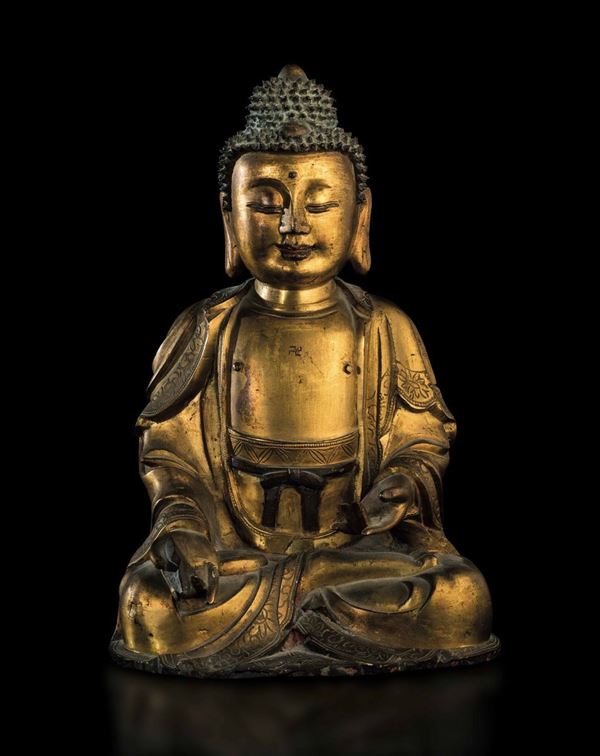 Importante e fine figura di Buddha Sakyamuni in bronzo, Cina, Dinastia Ming, XVI secolo