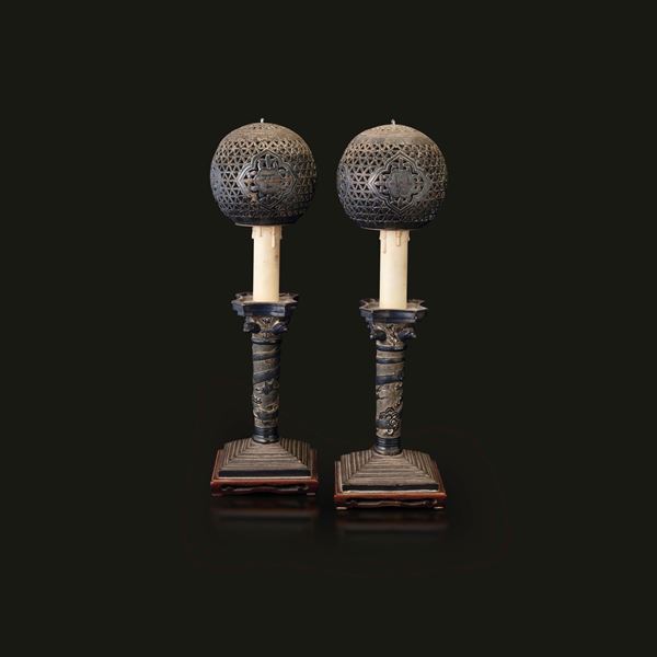 Two silver candle holders and spheres, China Qing Dynasty, 1800s