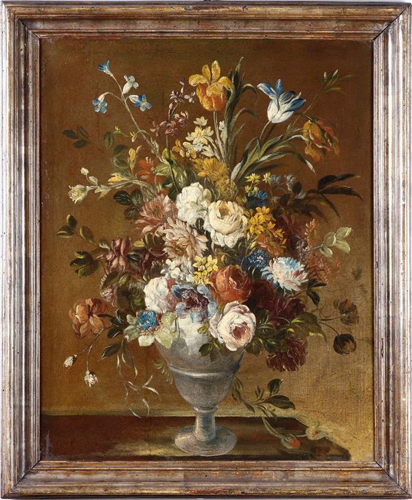 Scuola del XX secolo Coppia di natura morta con vaso di fiori