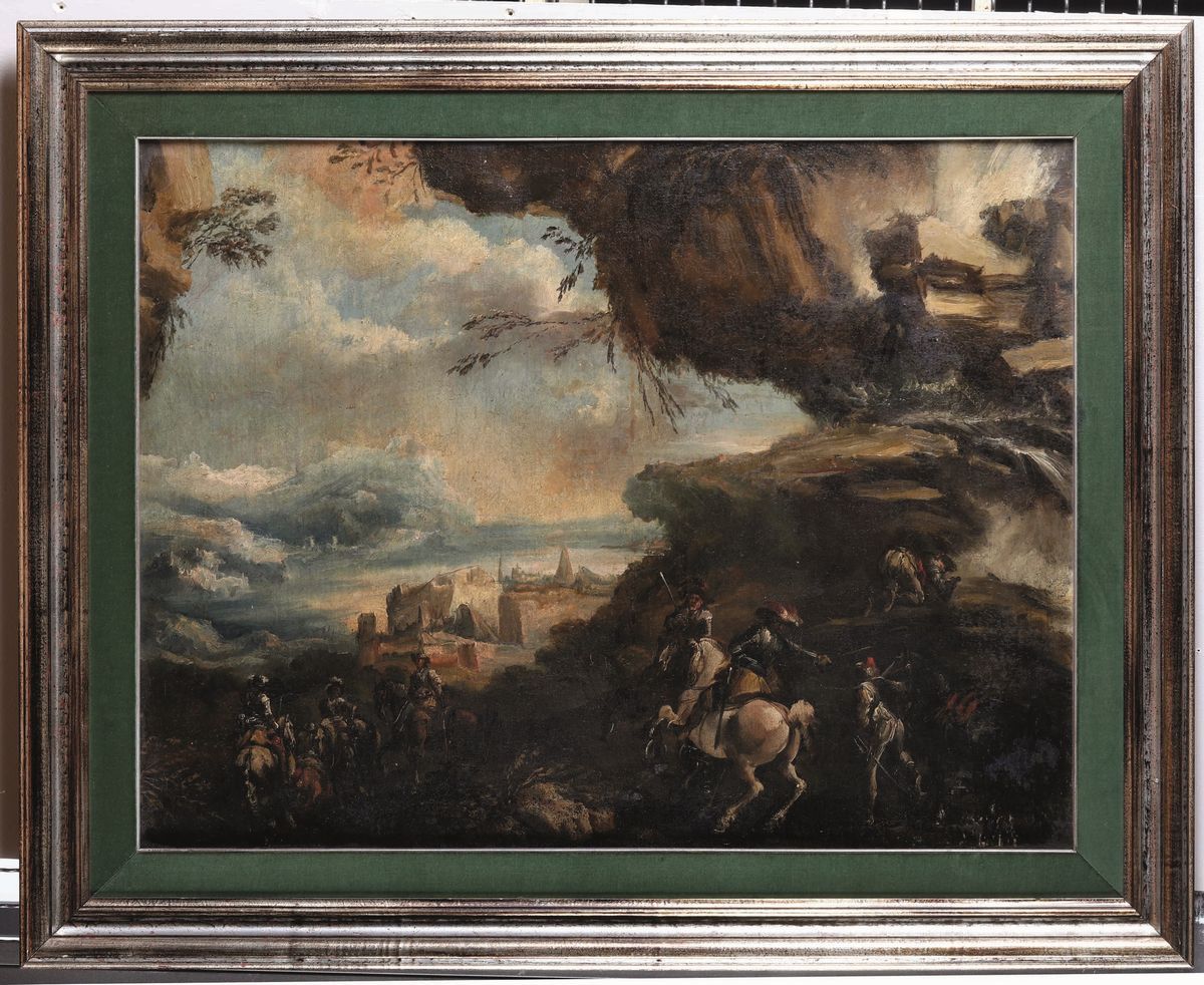 Scuola Italiana del XVII Secolo Paesaggi con Cavalieri