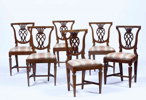 Gruppo di sei sedie con schienale traforato e intagliato, Italia XIX secolo