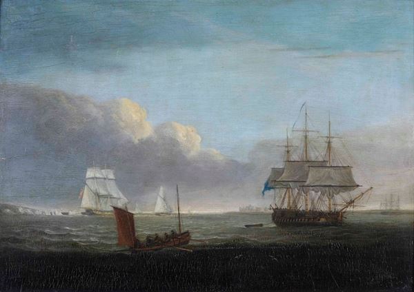 Thomas Luny (1759-1837), attribuito a Scena costiera con imbarcazioni