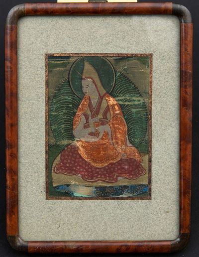 Piccolo Dipinto su Seta Raffigurante Lama Tsonkapa, Tibet, XIX Secolo