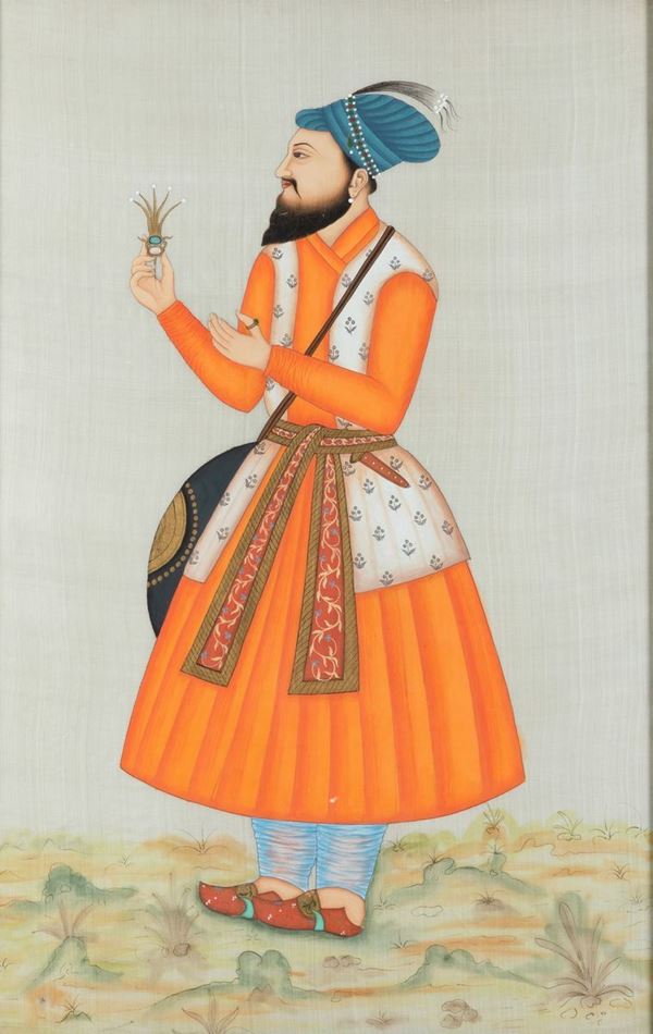 Coppia di dipinti su seta raffiguranti Maharaja, India, XIX secolo