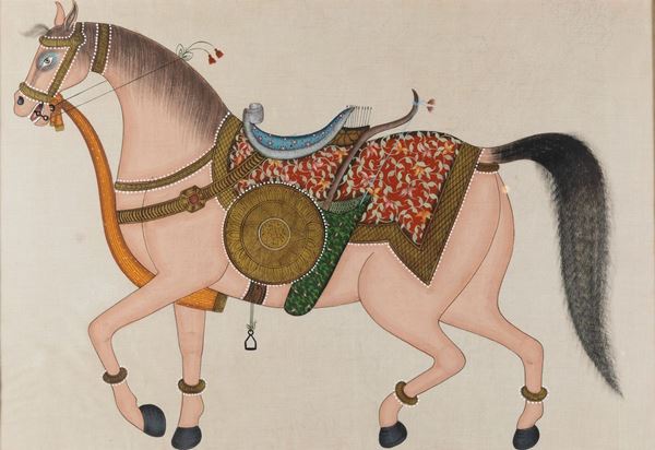 Coppia di dipinti su seta raffiguranti cavalli da parata, India, XIX secolo