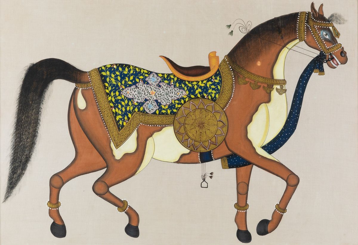 Coppia di Dipinti su Seta Raffiguranti Cavalli da Parata, India, XIX Secolo