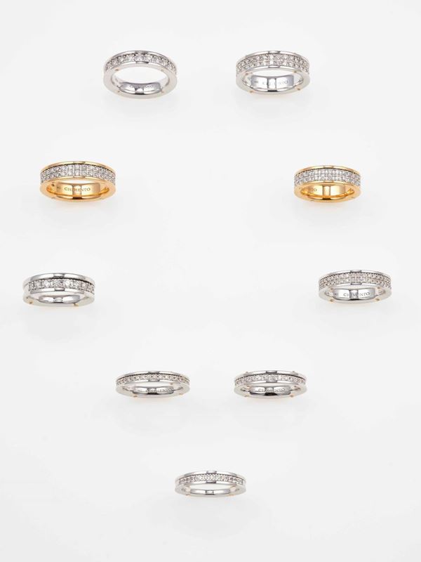 Group of nine diamond and gold rings