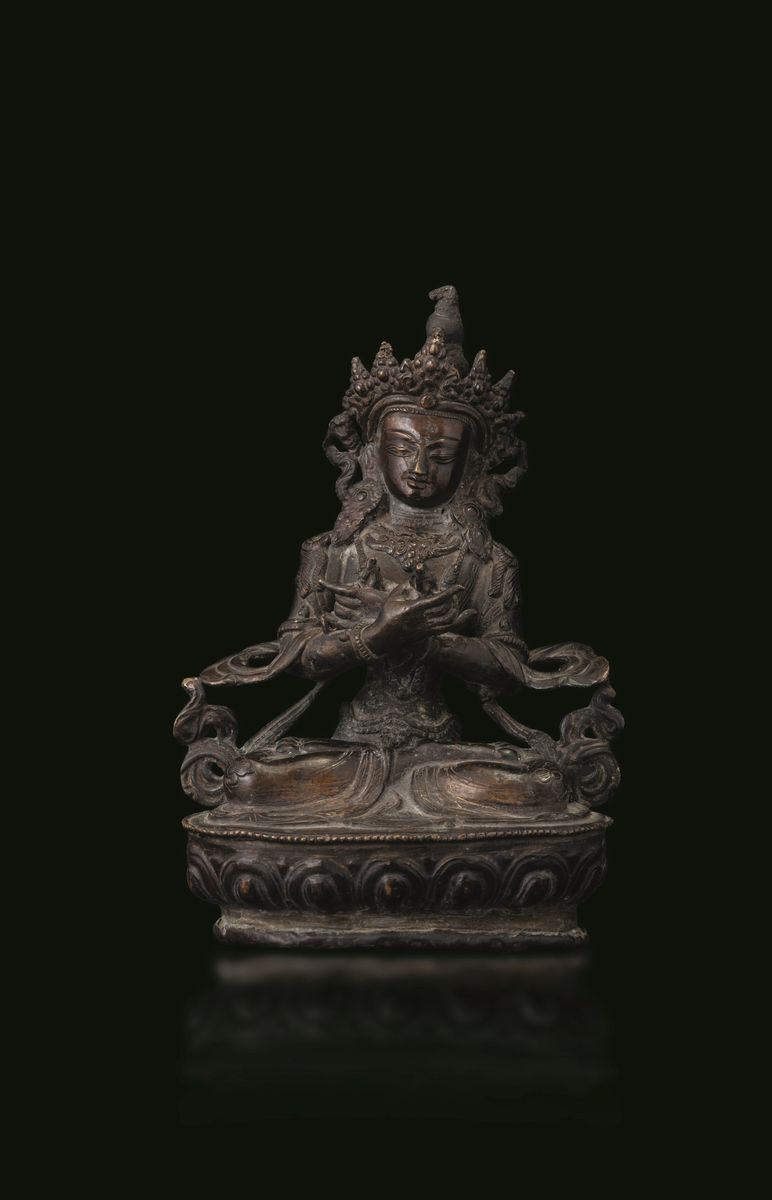 Quattro Figure di Divinità Sedute su Doppio Fiore di Loto in Bronzo, Nepal, XVIII Secolo