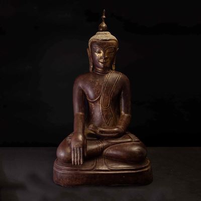 Figura di Buddha Sakyamuni in Legno con Tracce di Doratura, Thailandia, XIX Secolo