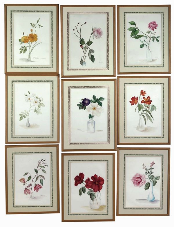 Gruppo di nove acquerelli con fiori, firmati Grazia Fanfani e datati 2004