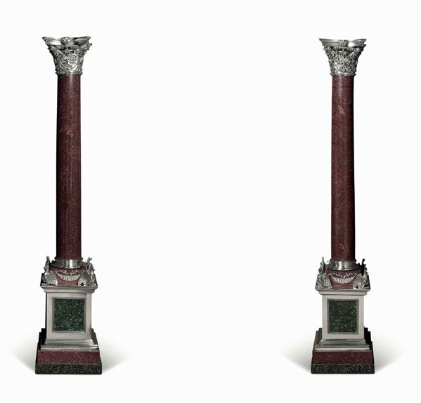Importante coppia di colonne con simboli araldici della famiglia Borghese. Giuseppe Valadier o Giuseppe Spagna. Roma, 1820 ca.