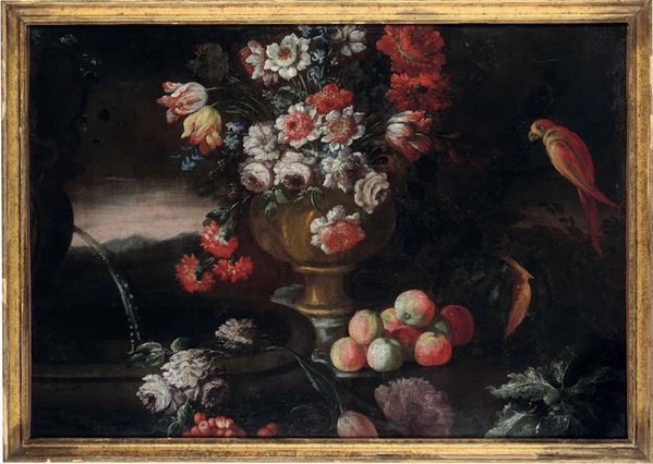 Scuola dell’Italia meridionale del XVIII secolo Natura morta di fiori, frutti e pappagallino