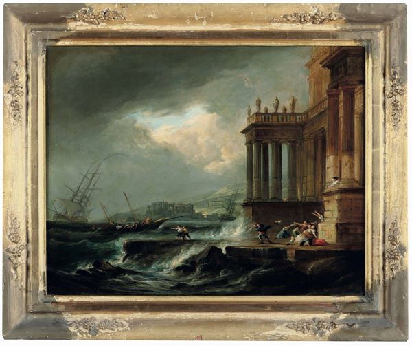 Anonimo del XIX secolo, nei modi di Claude Joseph Vernet (1714-1789) Marine con figure e architetture classiche