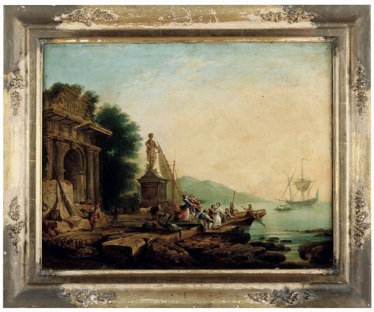 Anonimo del XIX Secolo, nei Modi di Claude Joseph Vernet (1714-1789) Marine con Figure e Architet...