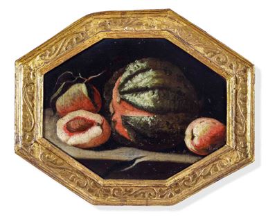 Scuola italiana del XVIII secolo, Natura morta con frutta, olio su tavola ottagonale