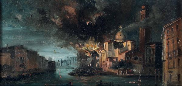Pittore della fine del XIX secolo Veduta di Venezia con incendio notturno