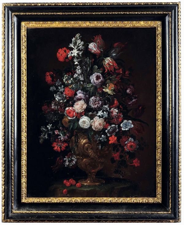 Bartolomeo Bimbi - Natura morta con vaso di fiori e ciliegie
