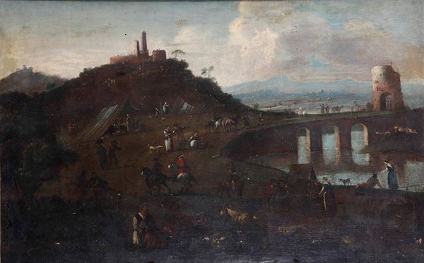 Paesaggio con personaggi in riva al fiume e cittadella sullo sfondo