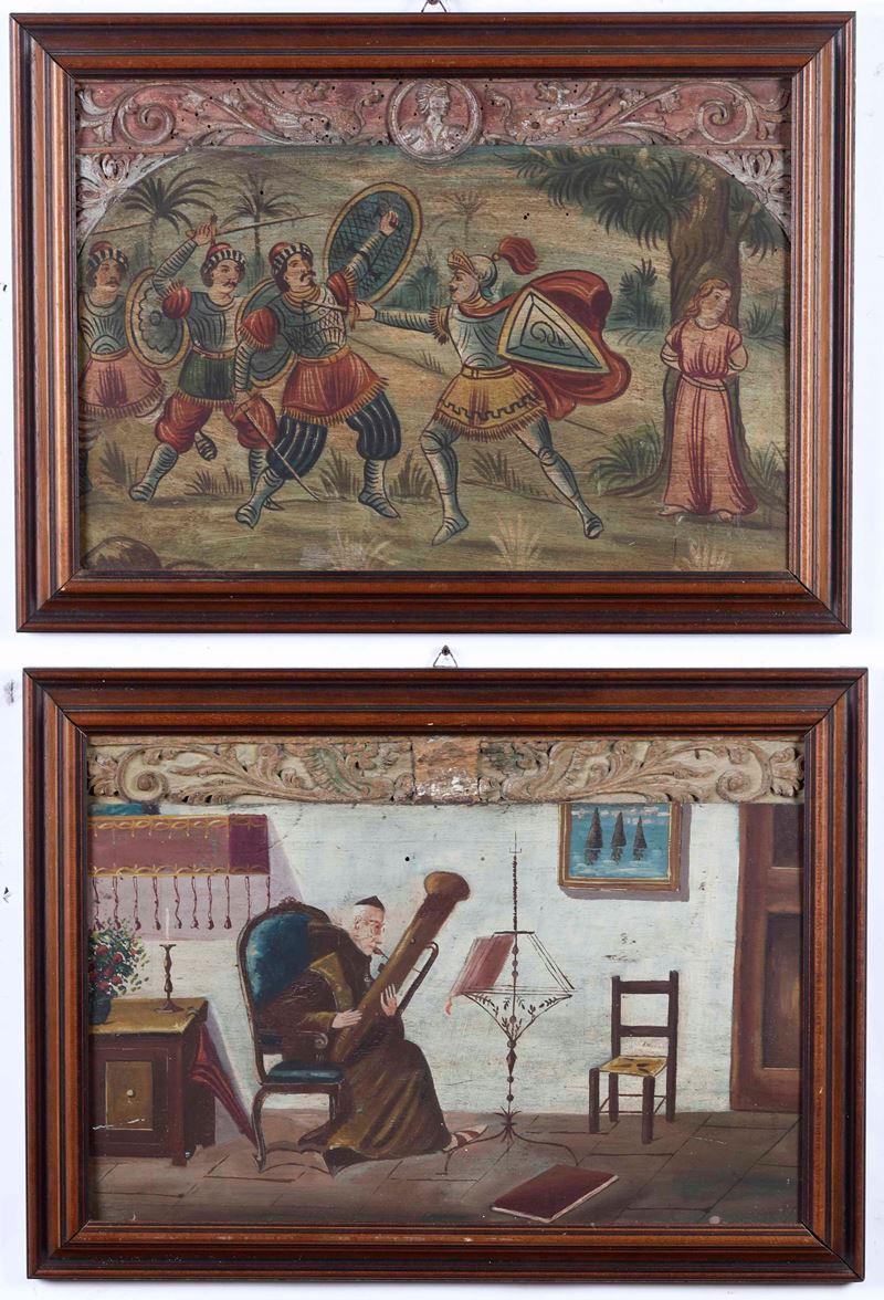 Scuola del XIX secolo due pannelli raffiguranti duello e musicista  - olio su tavoletta - Auction Old Masters - Cambi Casa d'Aste