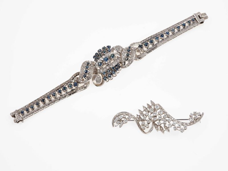 Diamond and sapphire bracelet and diamond brocch  - Auction Jewels - Cambi Casa d'Aste