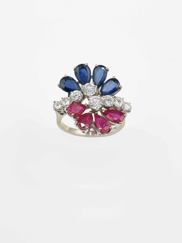 Diamond, sapphire and ruby ring