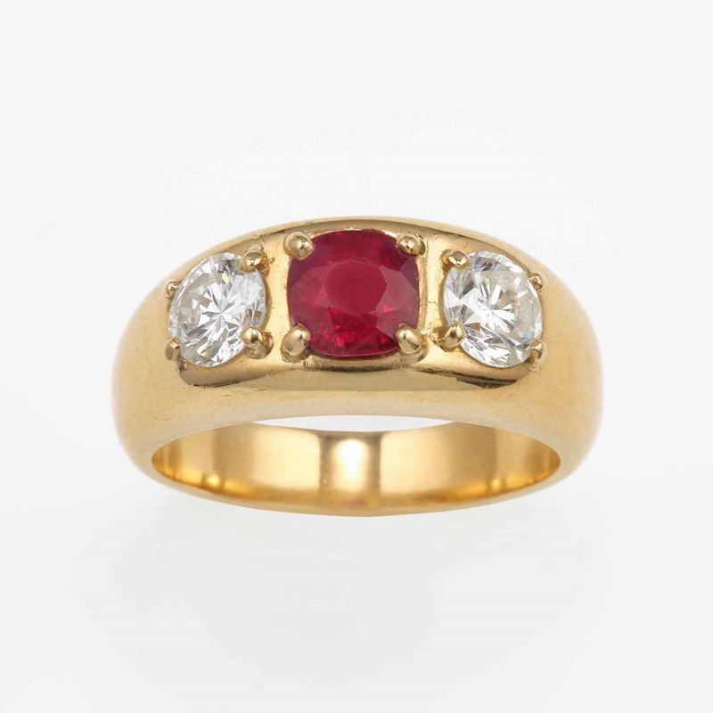 Anello con rubino Thailandia e due diamanti  - Asta Fine and Coral Jewels - Cambi Casa d'Aste