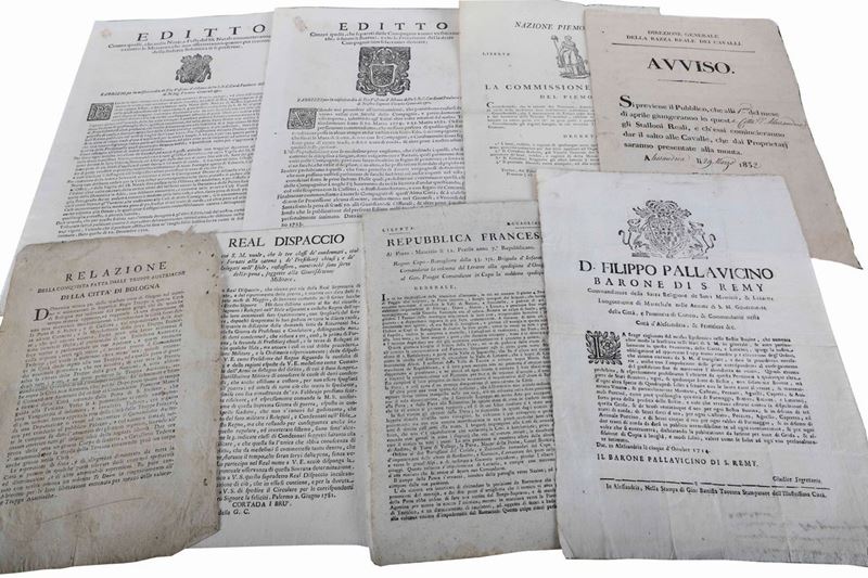 Lotto di bandi ed editti a stampa  - Auction Old and Rare Books. Envravings - Cambi Casa d'Aste