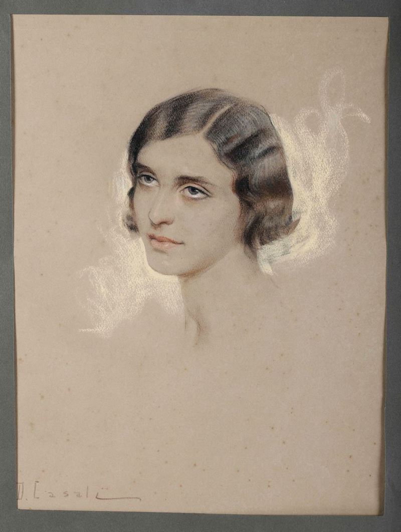 D. Casali Volto femminile realizzato a carboncino e matite colorate  - Auction Old and Rare Books. Envravings - Cambi Casa d'Aste